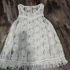 Boho Sheer Ivory Cream Lace Fringe Tank Top Festival Tank Sleeveless Women's S